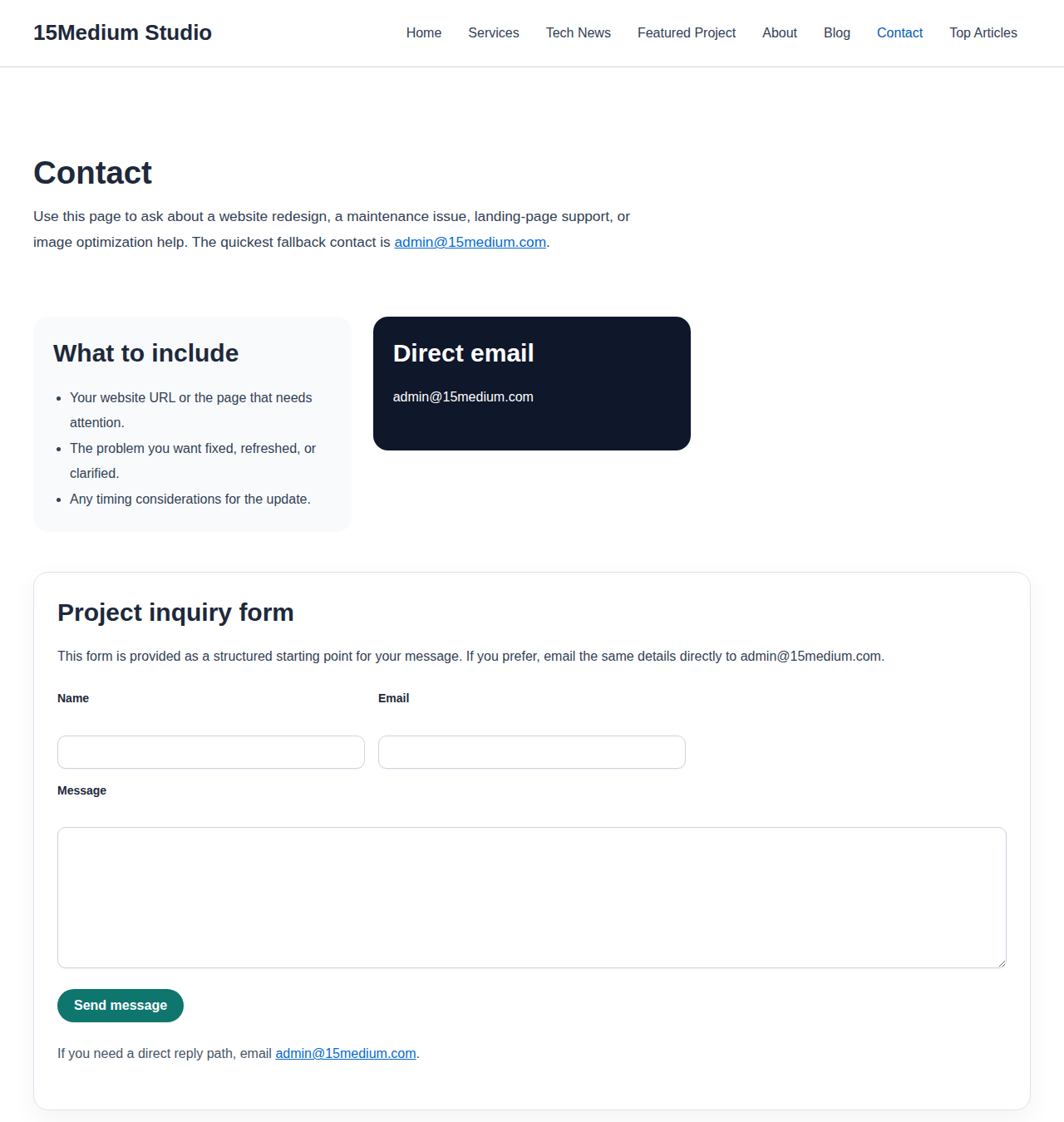 Screenshot of the 15Medium Studio contact page with inquiry cards and a project form