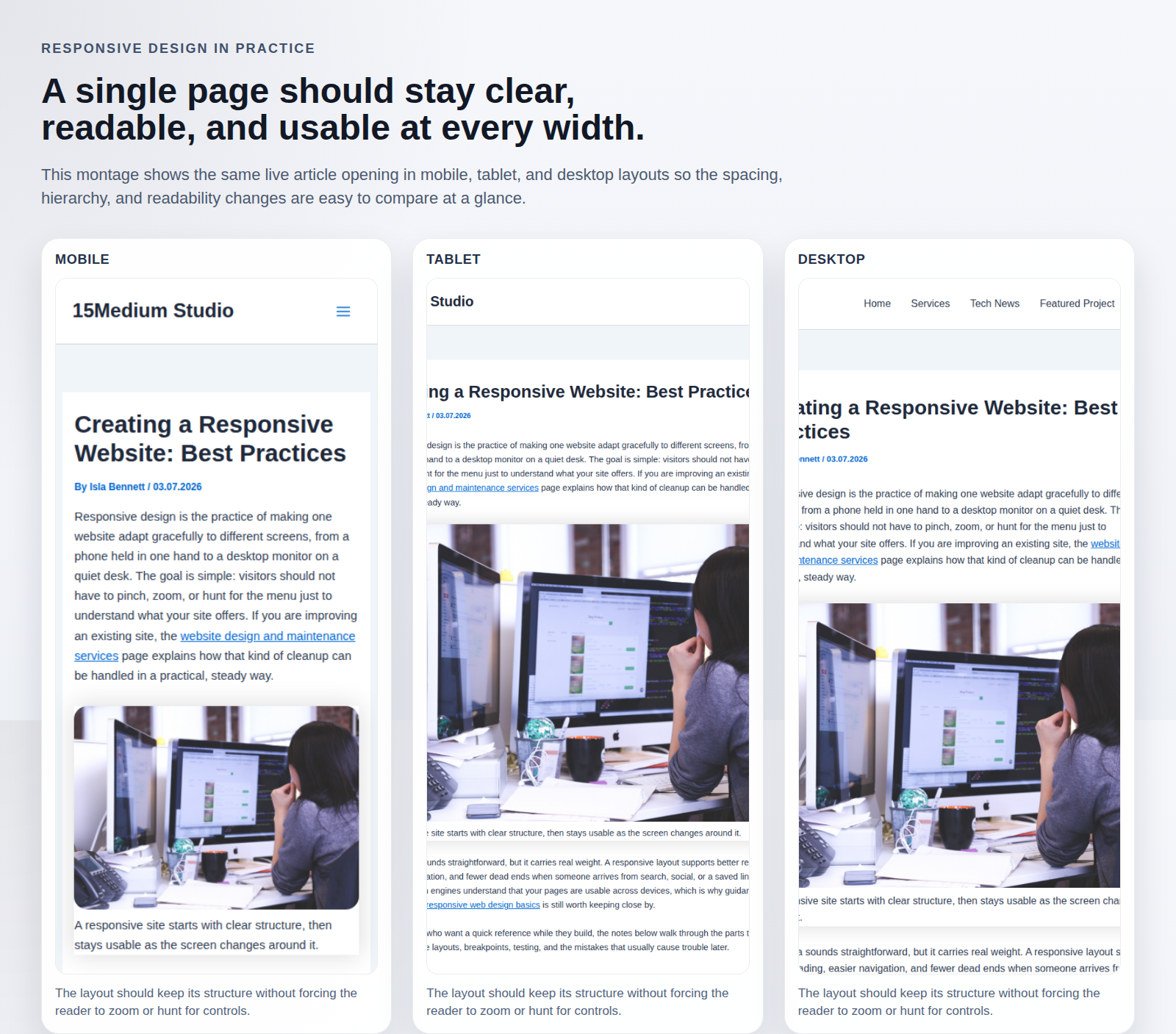 Responsive design montage showing the article on mobile, tablet, and desktop screens